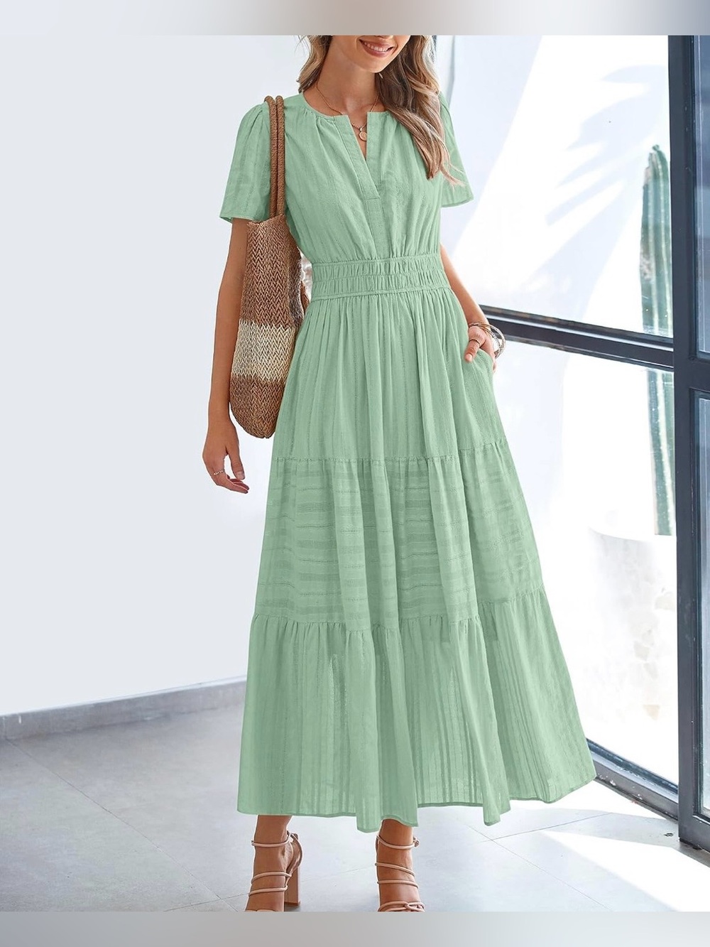 Women's Mint Green Tiered Maxi Dress with Smocked Waist
